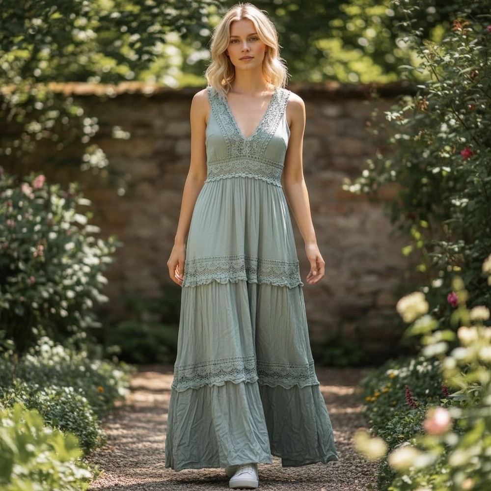 We The Free Crochet Lace Maxi Dress Womens Small Sage Green Boho Summer